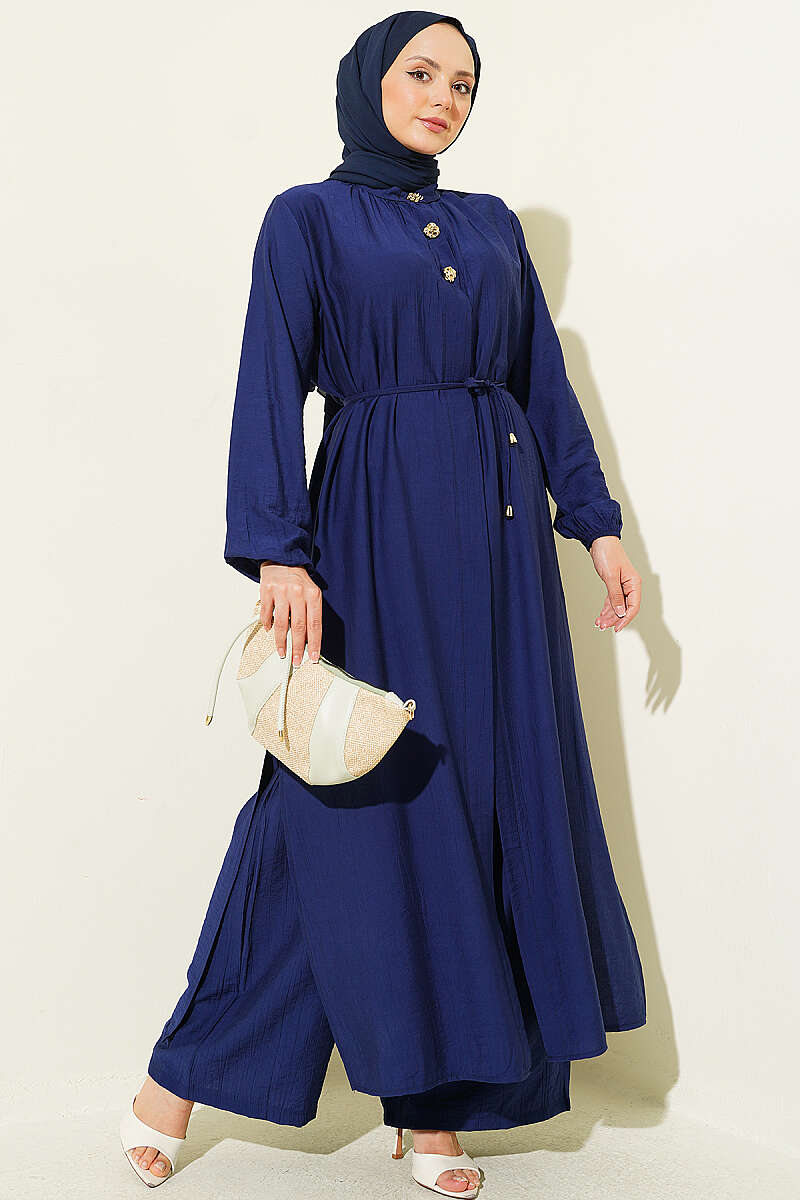 Long Tunic Two-Piece Set with Concealed Buttons - Navy
