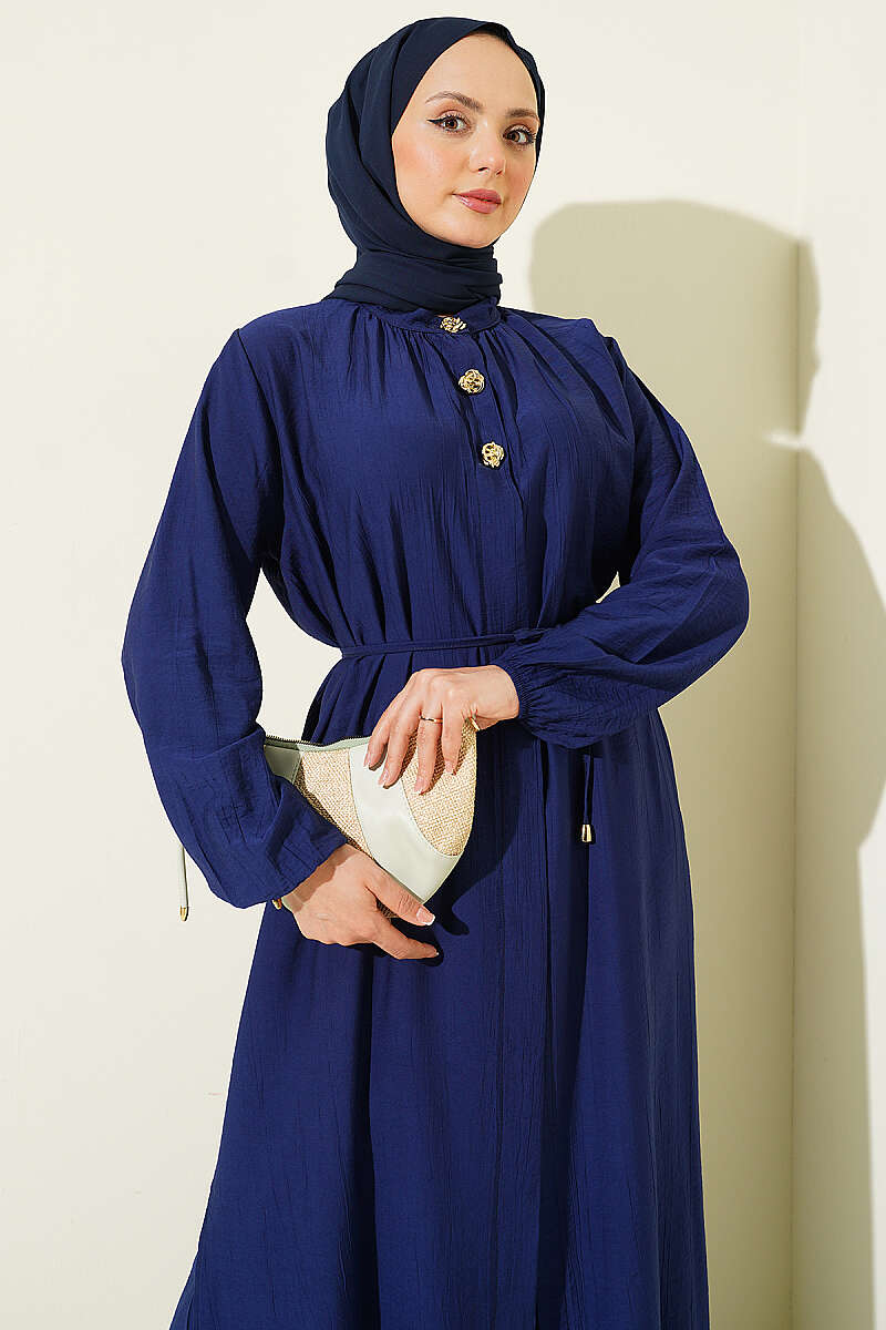 Long Tunic Two-Piece Set with Concealed Buttons - Navy