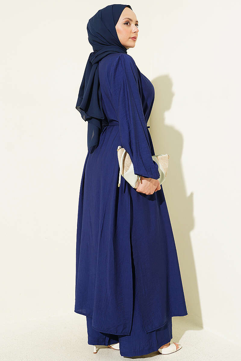 Long Tunic Two-Piece Set with Concealed Buttons - Navy