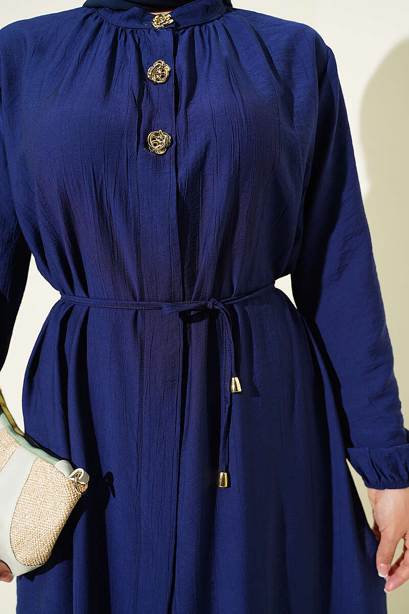 Long Tunic Two-Piece Set with Concealed Buttons - Navy
