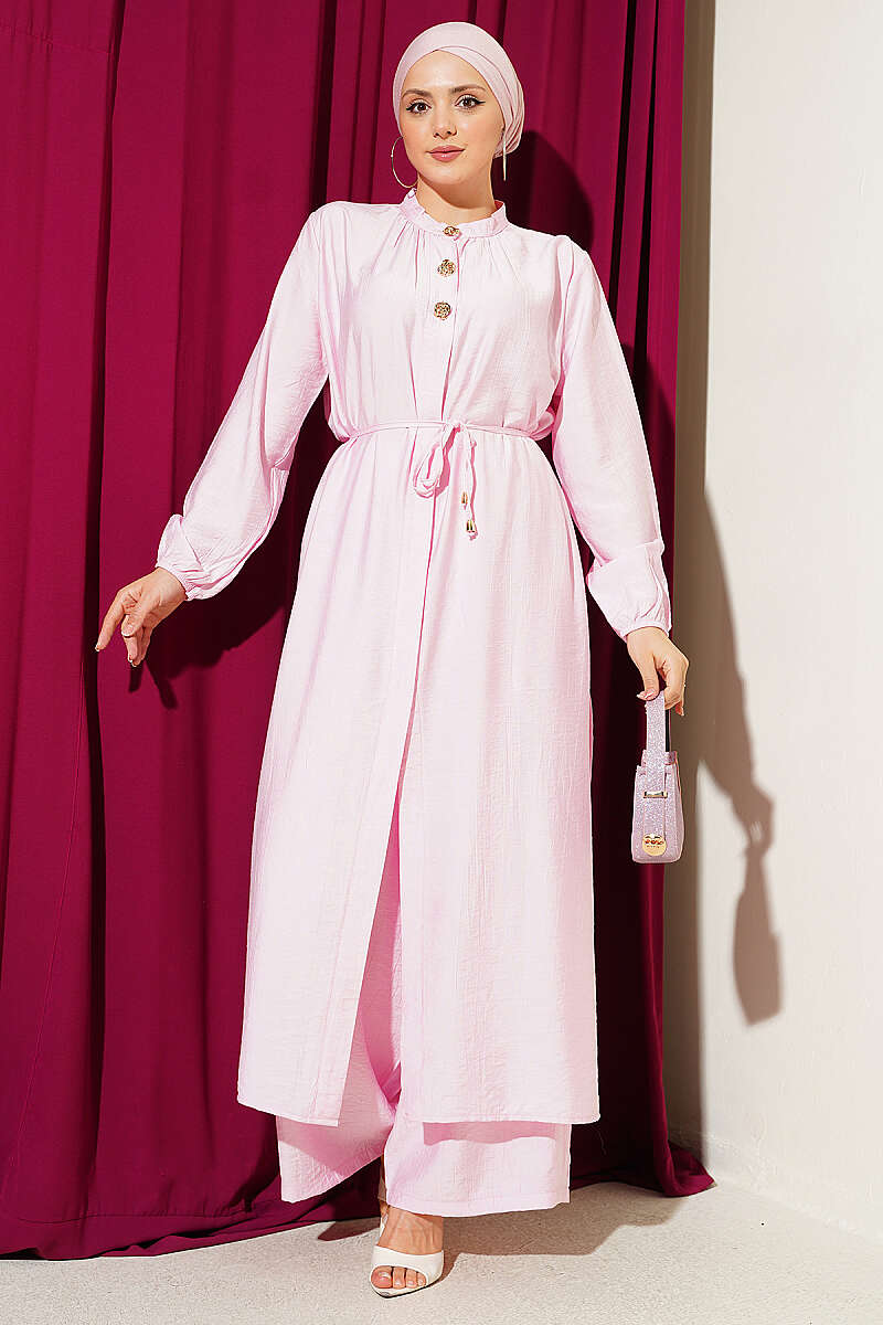 Long Tunic Two-Piece Set with Concealed Buttons - Pink