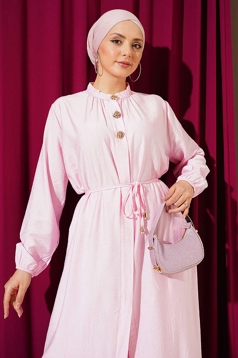 Long Tunic Two-Piece Set with Concealed Buttons - Pink