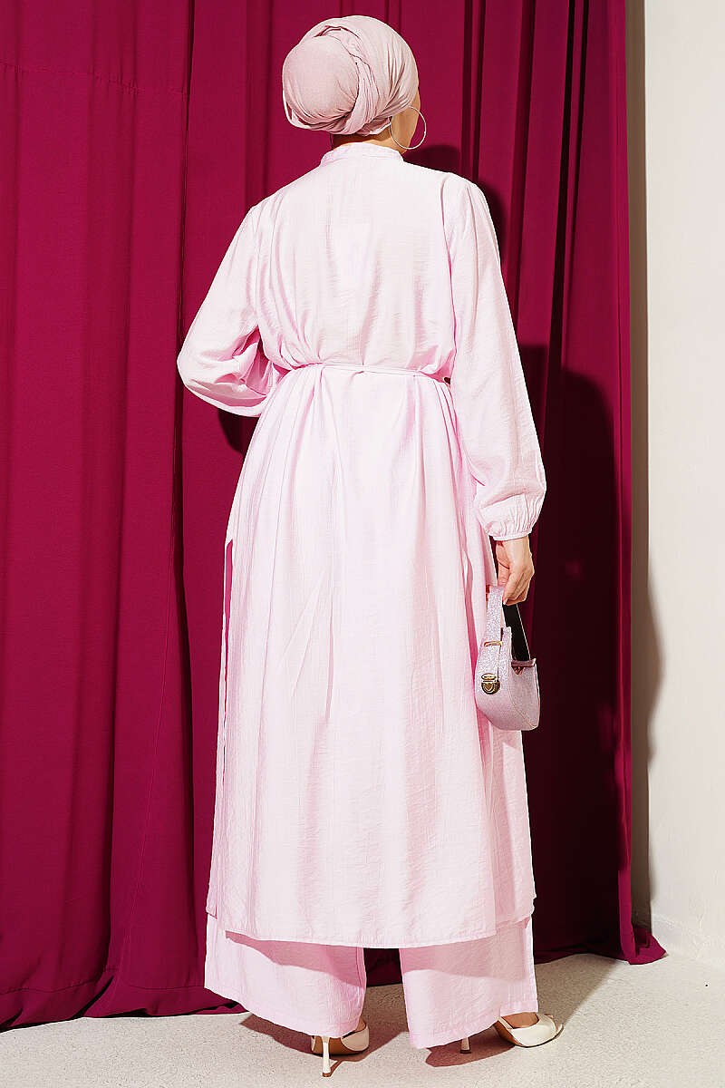 Long Tunic Two-Piece Set with Concealed Buttons - Pink