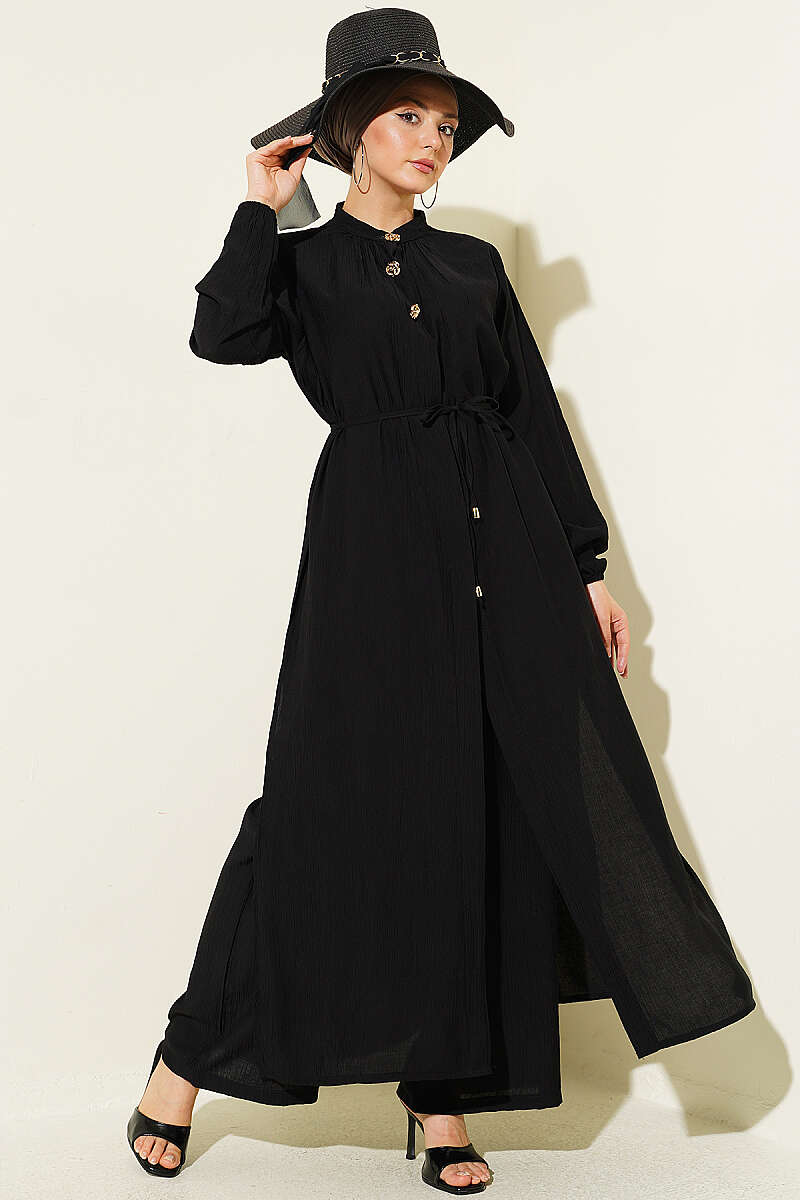 Long Tunic Two-Piece Set with Concealed Buttons - Black