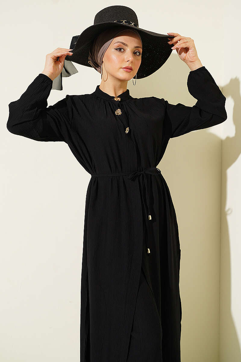 Long Tunic Two-Piece Set with Concealed Buttons - Black