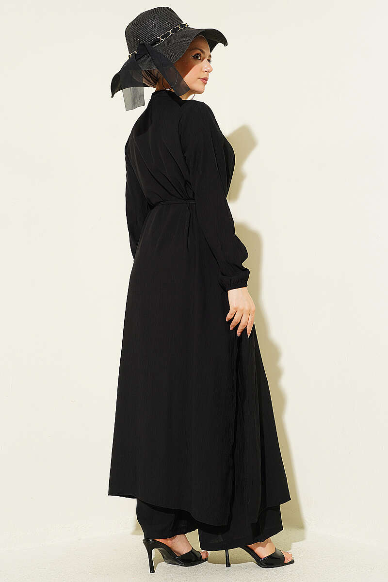 Long Tunic Two-Piece Set with Concealed Buttons - Black