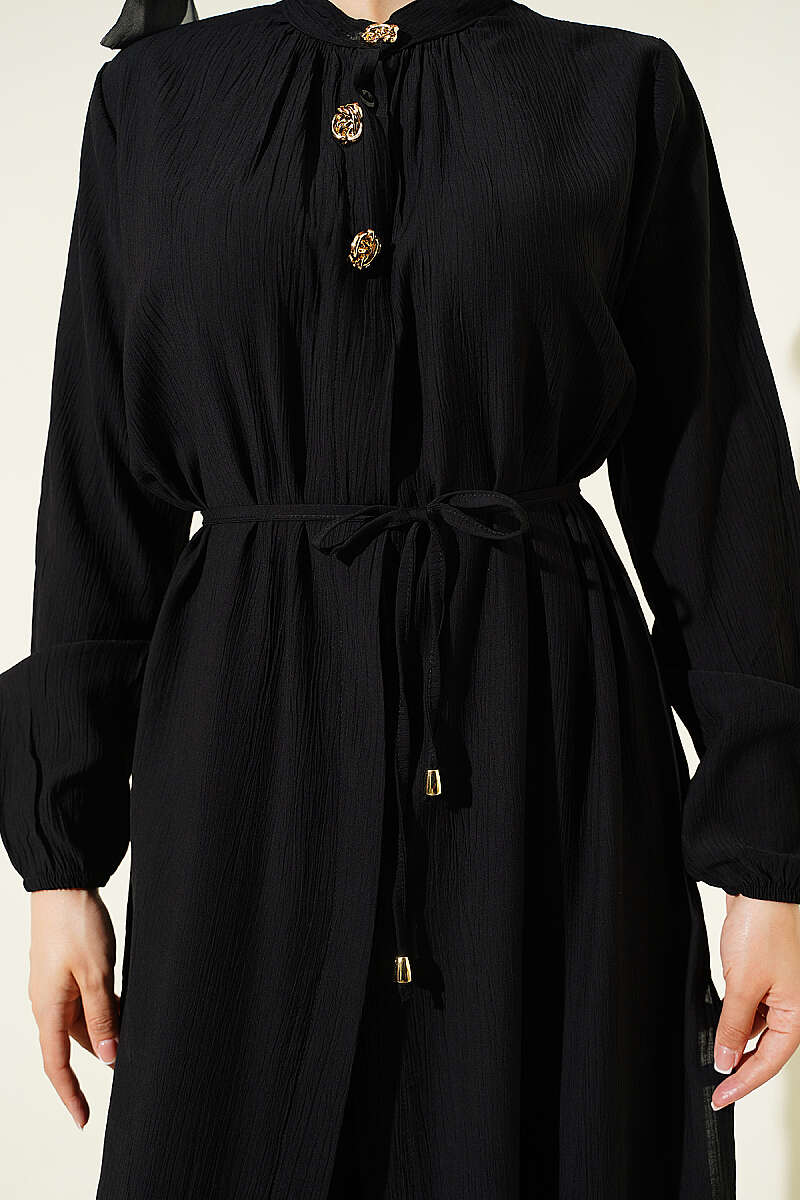 Long Tunic Two-Piece Set with Concealed Buttons - Black