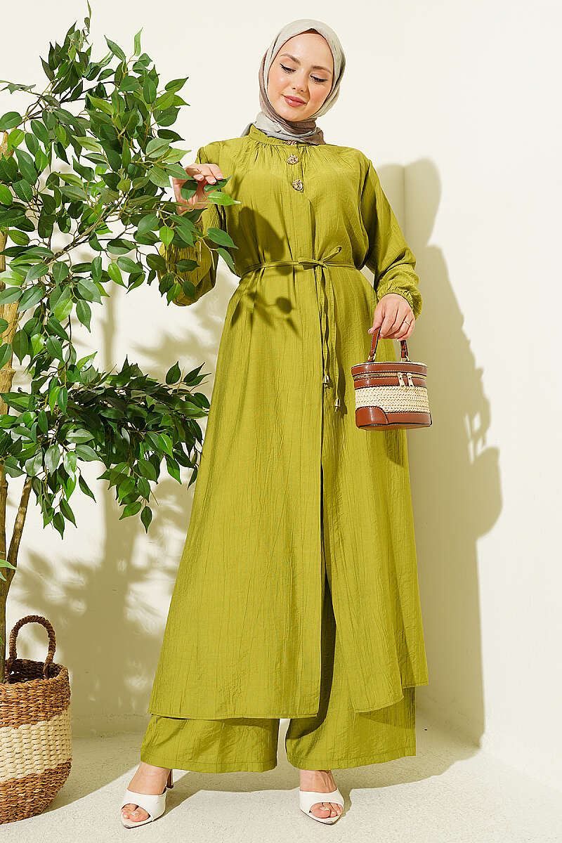 Long Tunic Two-Piece Set with Concealed Buttons - Olive