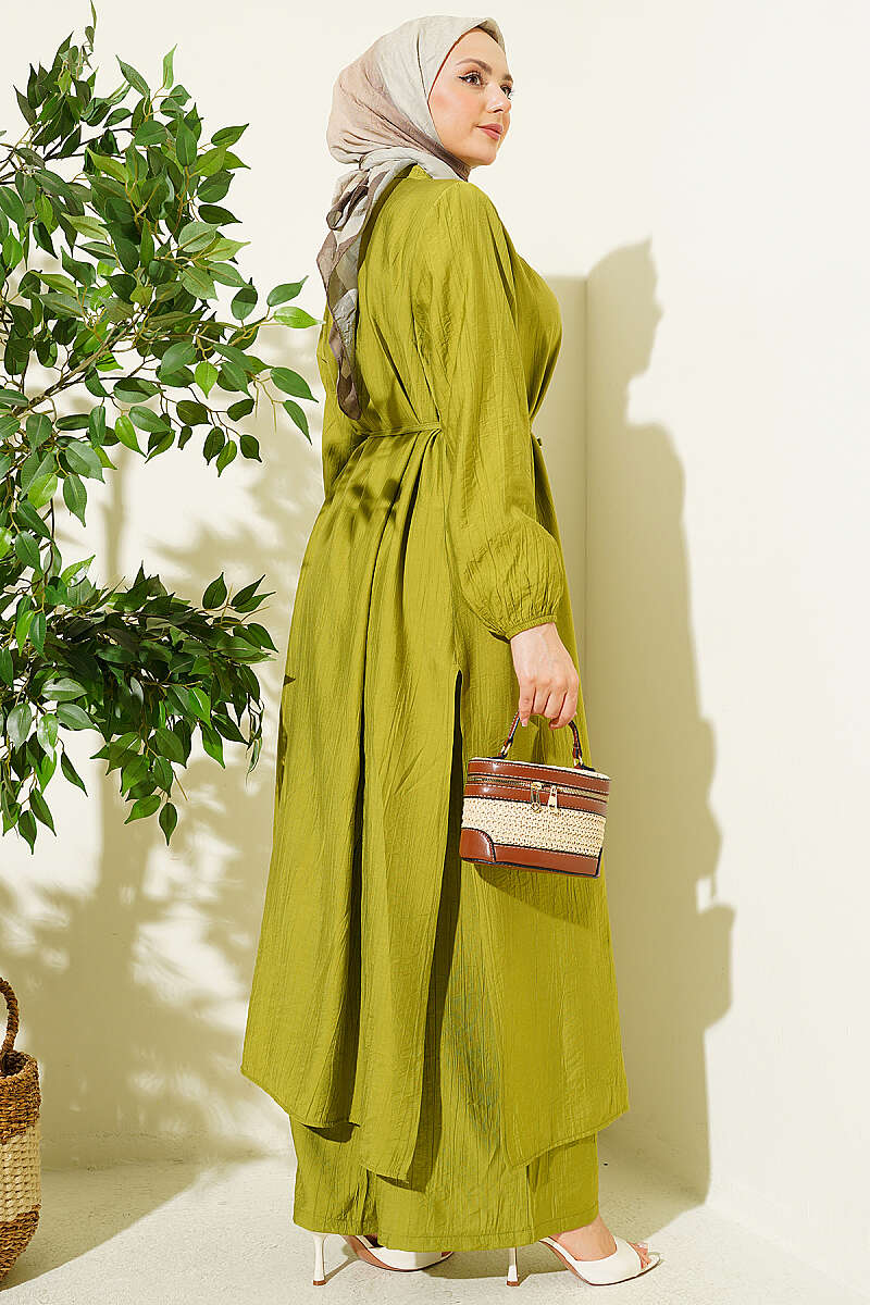 Long Tunic Two-Piece Set with Concealed Buttons - Olive