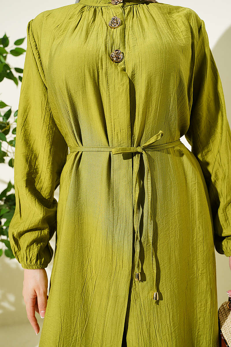Long Tunic Two-Piece Set with Concealed Buttons - Olive