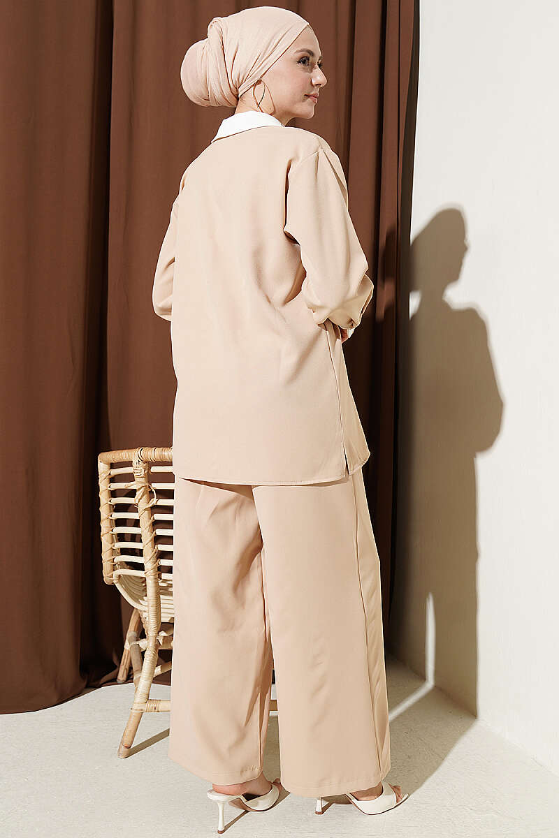 Two-Piece Set with Stone Collar and Concealed Buttons - Beige