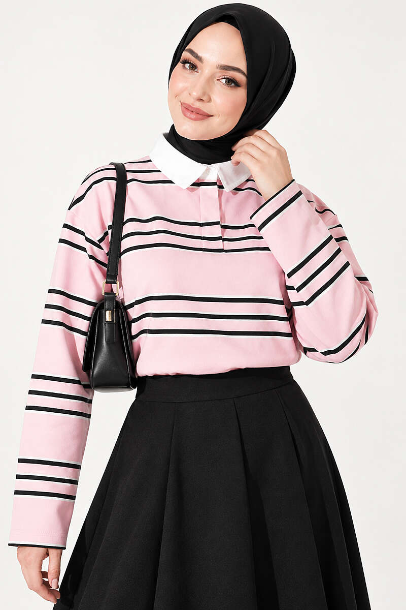 Striped Tunic with Concealed Buttons - Pink