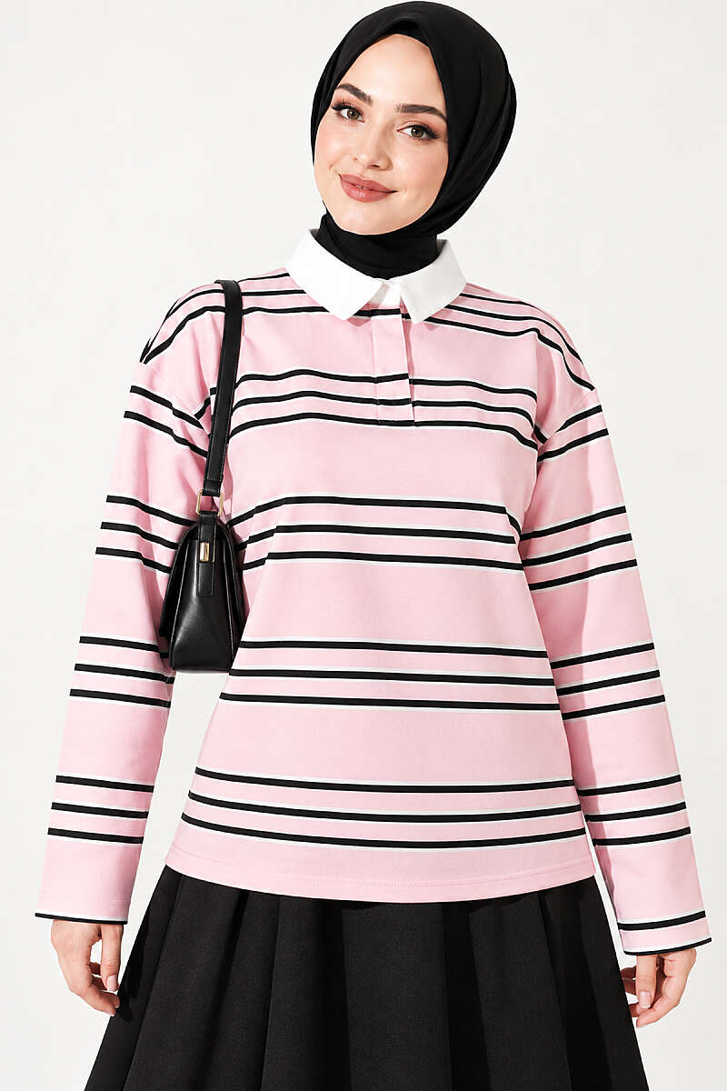 Striped Tunic with Concealed Buttons - Pink