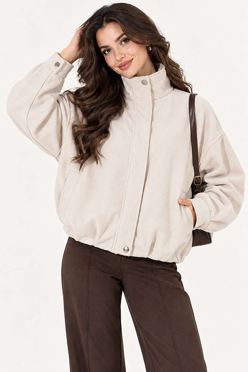 Oversized Felt Jacket with Concealed Zip - Stone