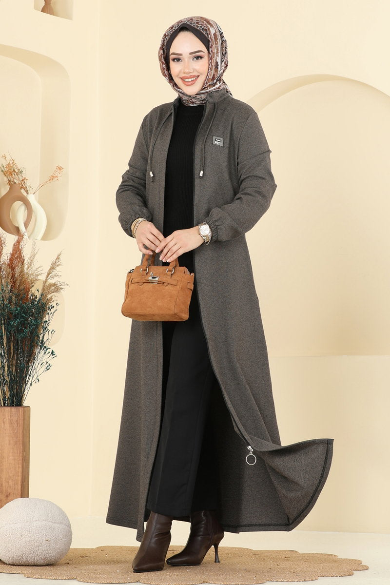 Tweed Abaya Coat with Concealed Zip - Mink