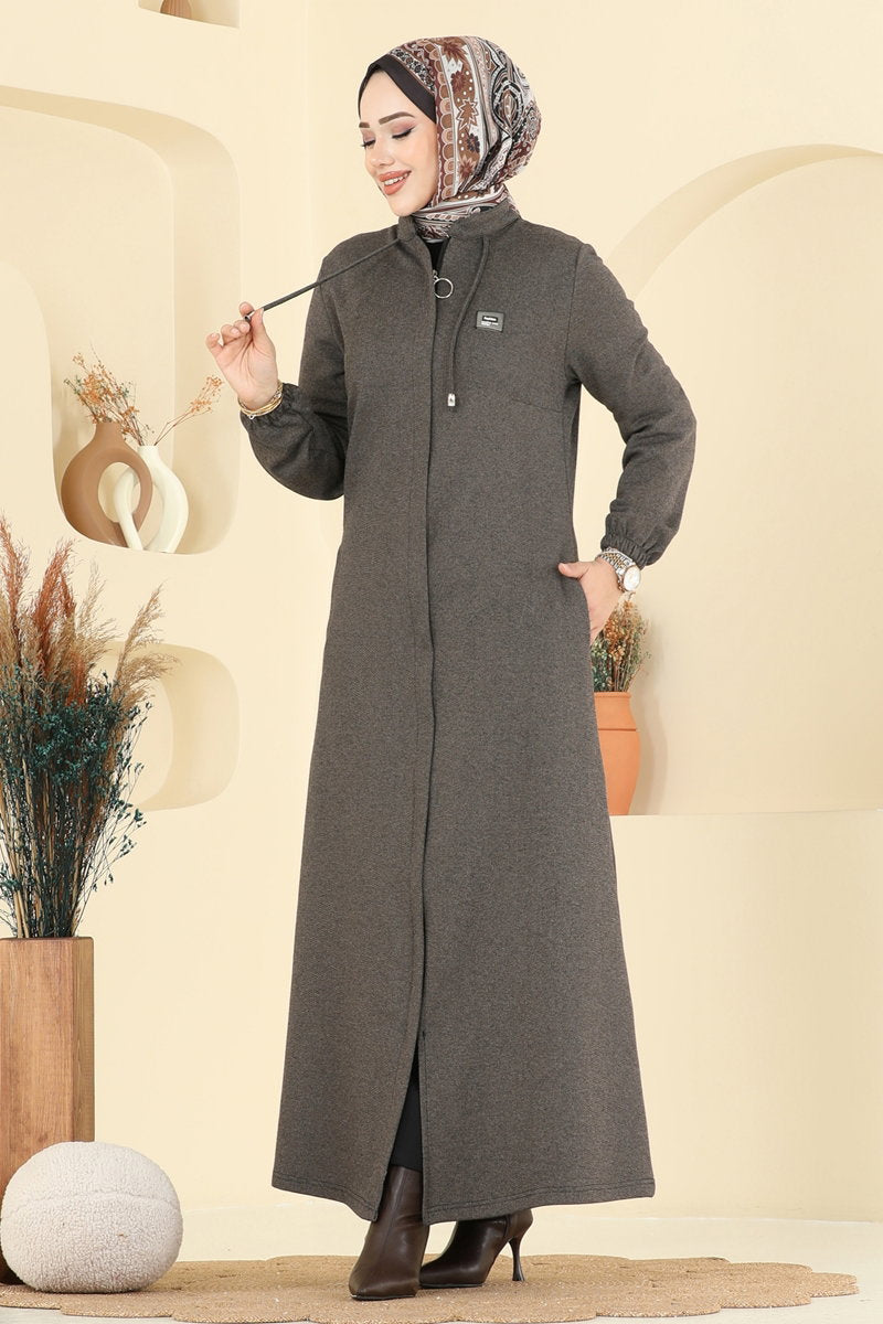 Tweed Abaya Coat with Concealed Zip - Mink