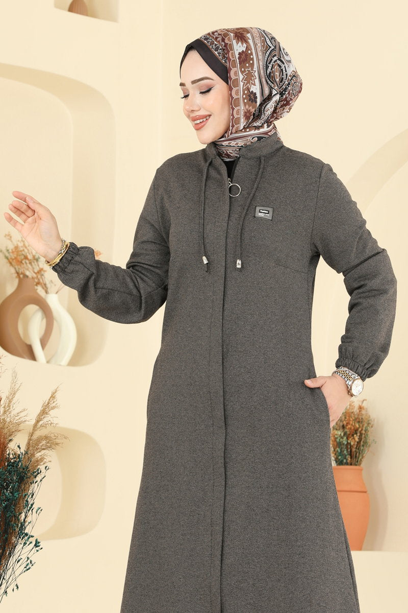 Tweed Abaya Coat with Concealed Zip - Mink