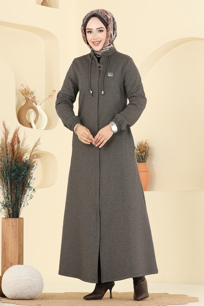 Tweed Abaya Coat with Concealed Zip - Mink