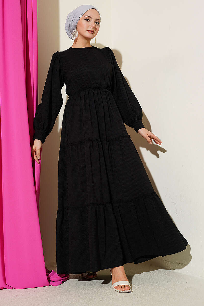 Tiered Waffle-Texture Dress - Black