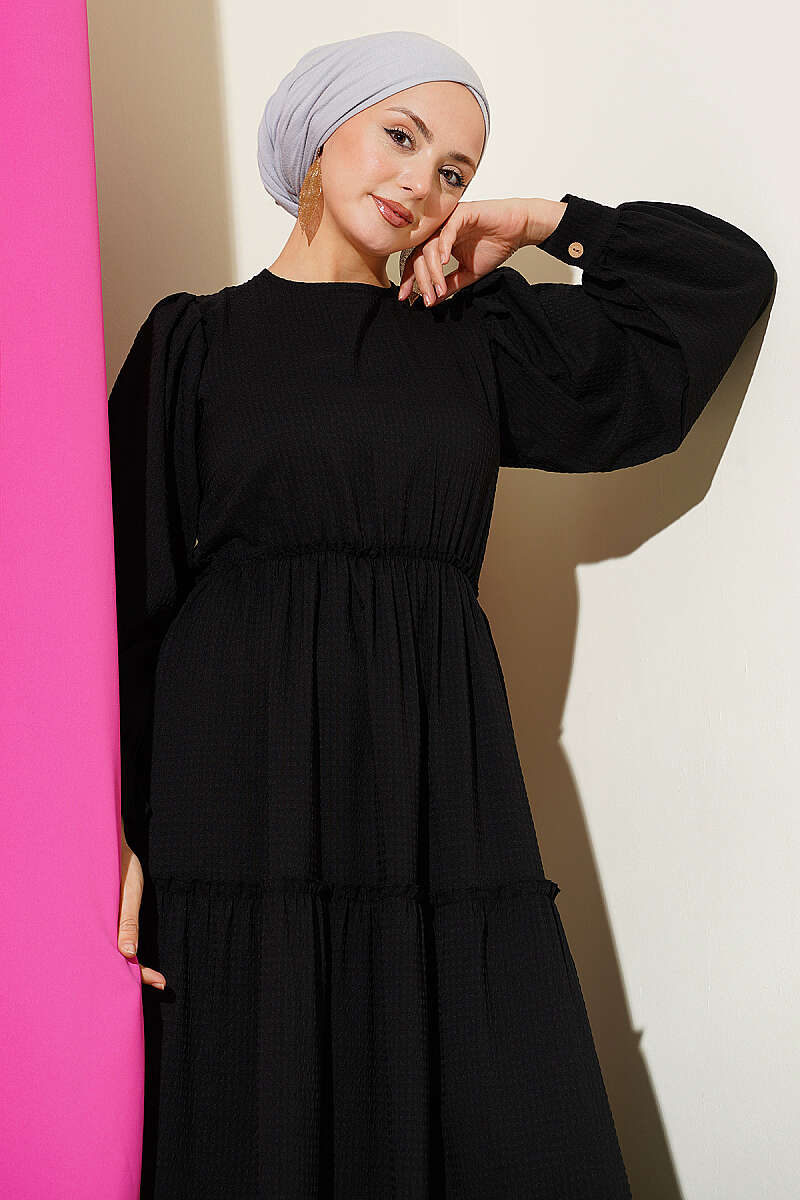 Tiered Waffle-Texture Dress - Black