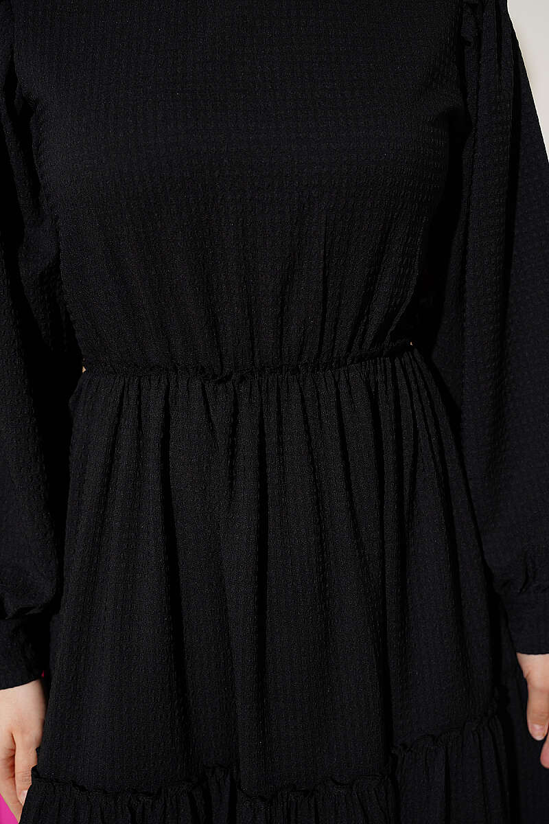 Tiered Waffle-Texture Dress - Black