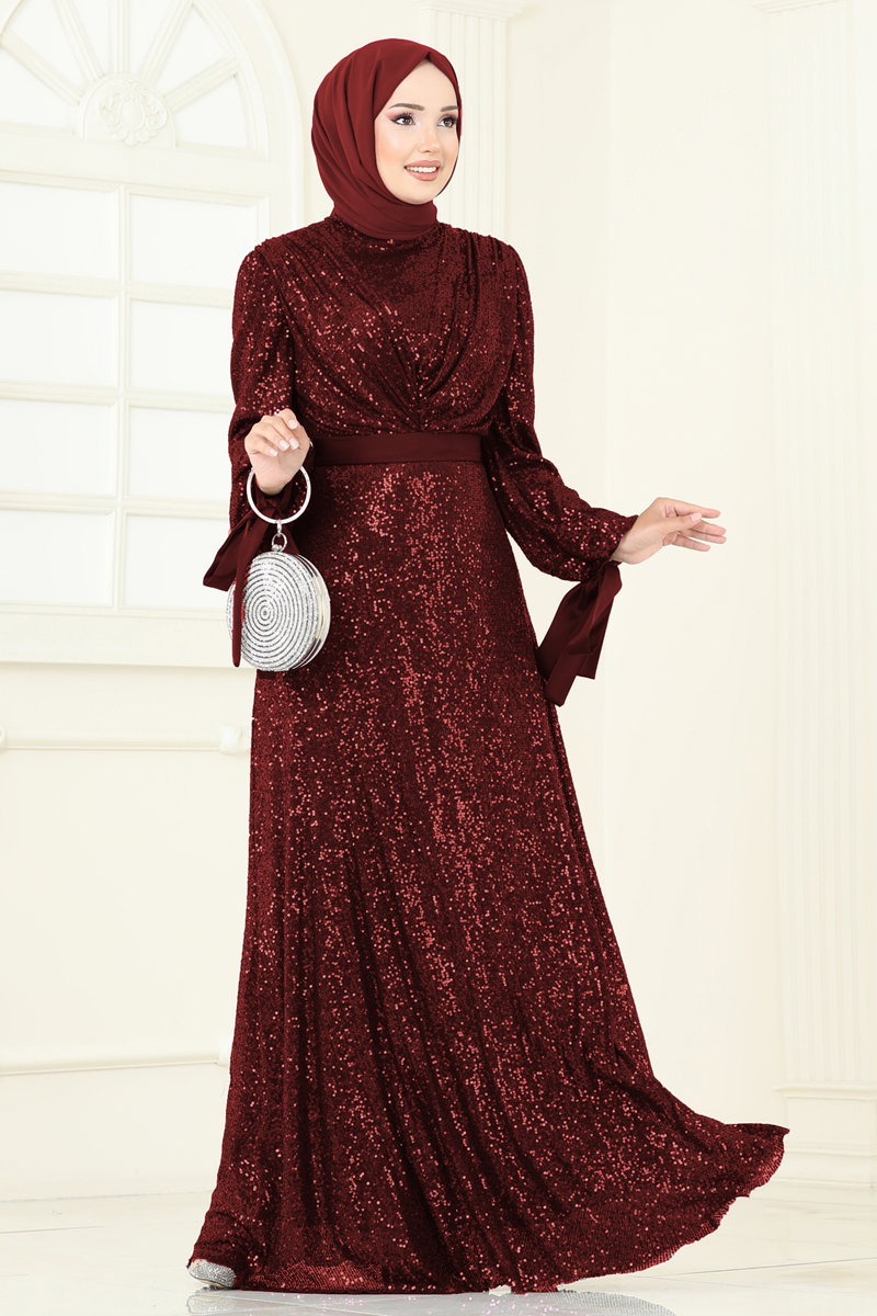 Modest Sequin Evening Dress with Draped Bodice - Burgundy