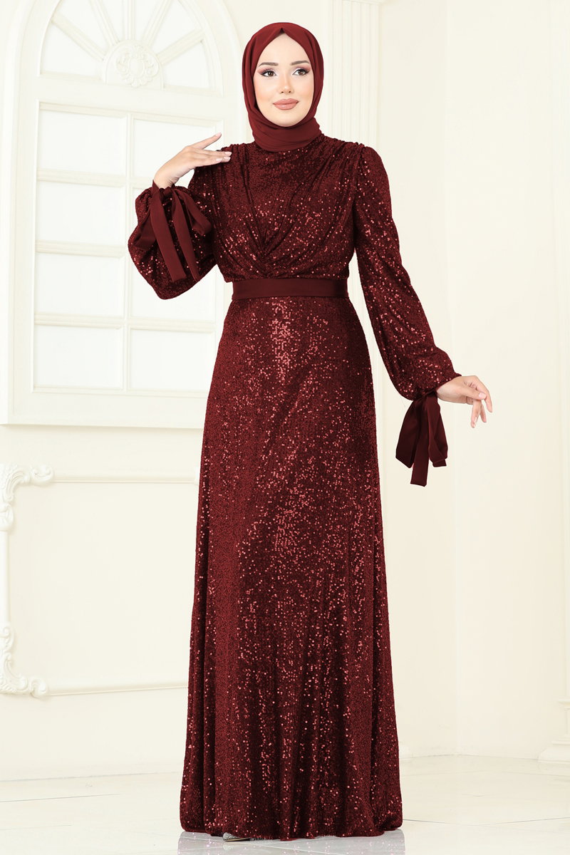 Modest Sequin Evening Dress with Draped Bodice - Burgundy
