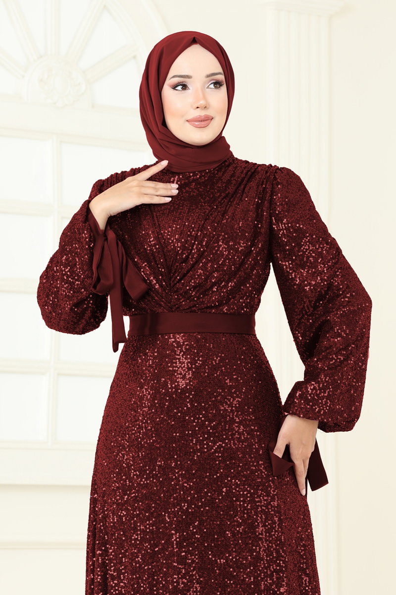Modest Sequin Evening Dress with Draped Bodice - Burgundy