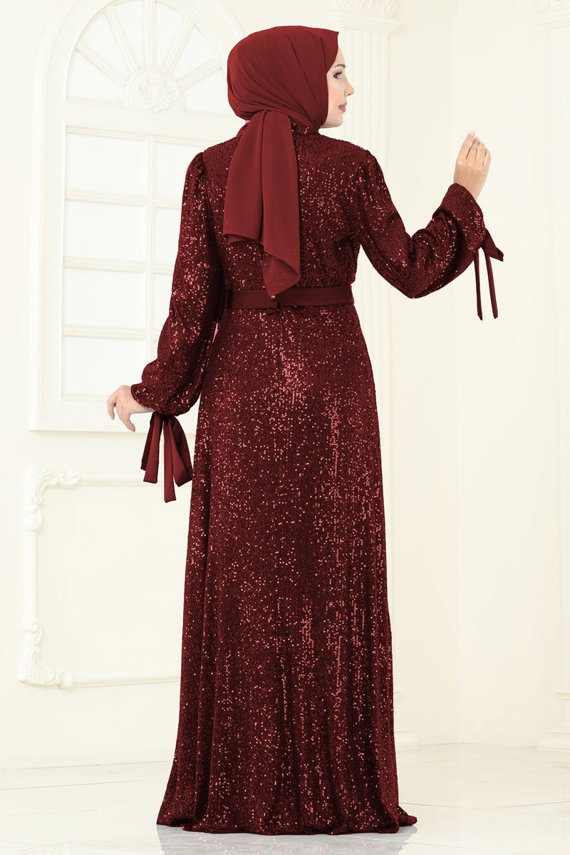 Modest Sequin Evening Dress with Draped Bodice - Burgundy