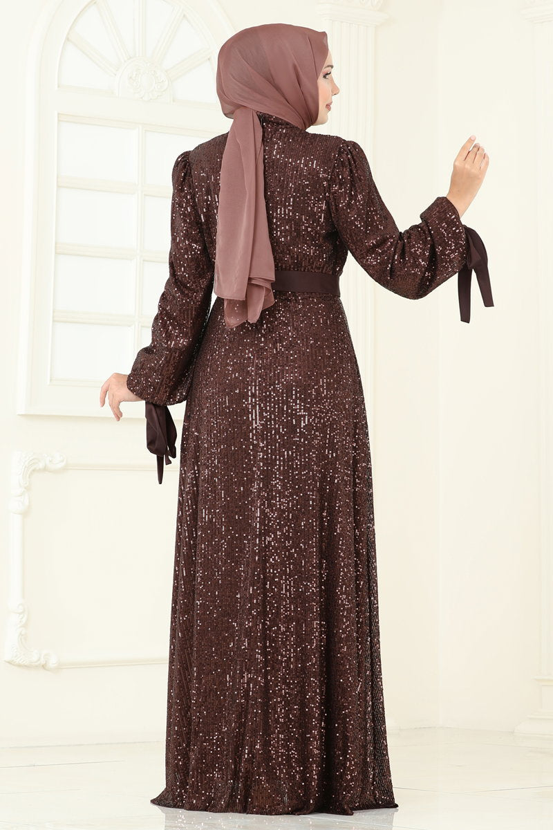 Modest Sequin Evening Dress with Draped Bodice - Brown