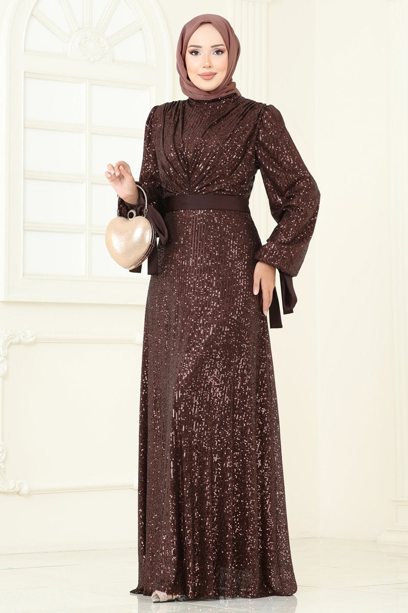 Modest Sequin Evening Dress with Draped Bodice - Brown