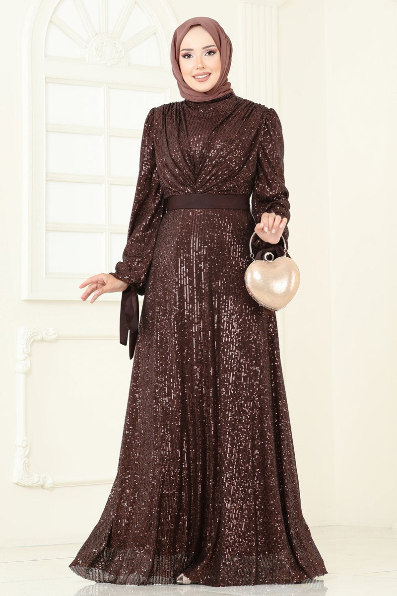 Modest Sequin Evening Dress with Draped Bodice - Brown