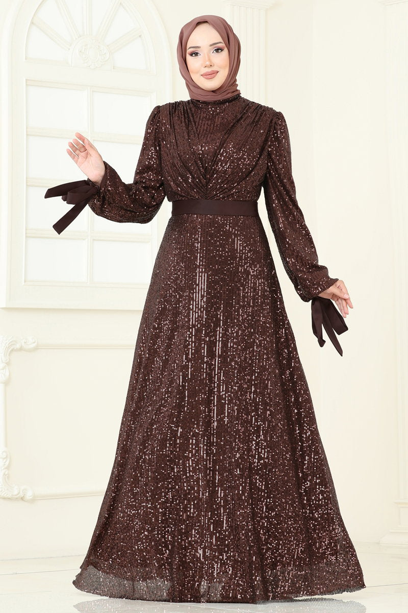 Modest Sequin Evening Dress with Draped Bodice - Brown