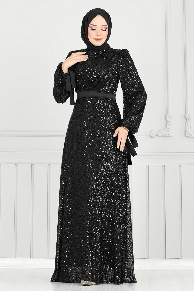 Modest Sequin Evening Dress with Draped Bodice - Black