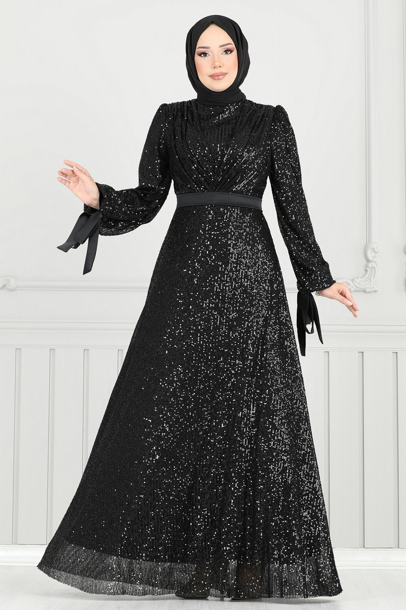 Modest Sequin Evening Dress with Draped Bodice - Black