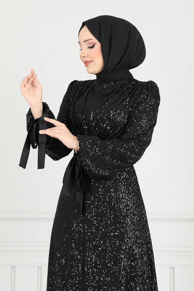 Modest Sequin Evening Dress with Draped Bodice - Black