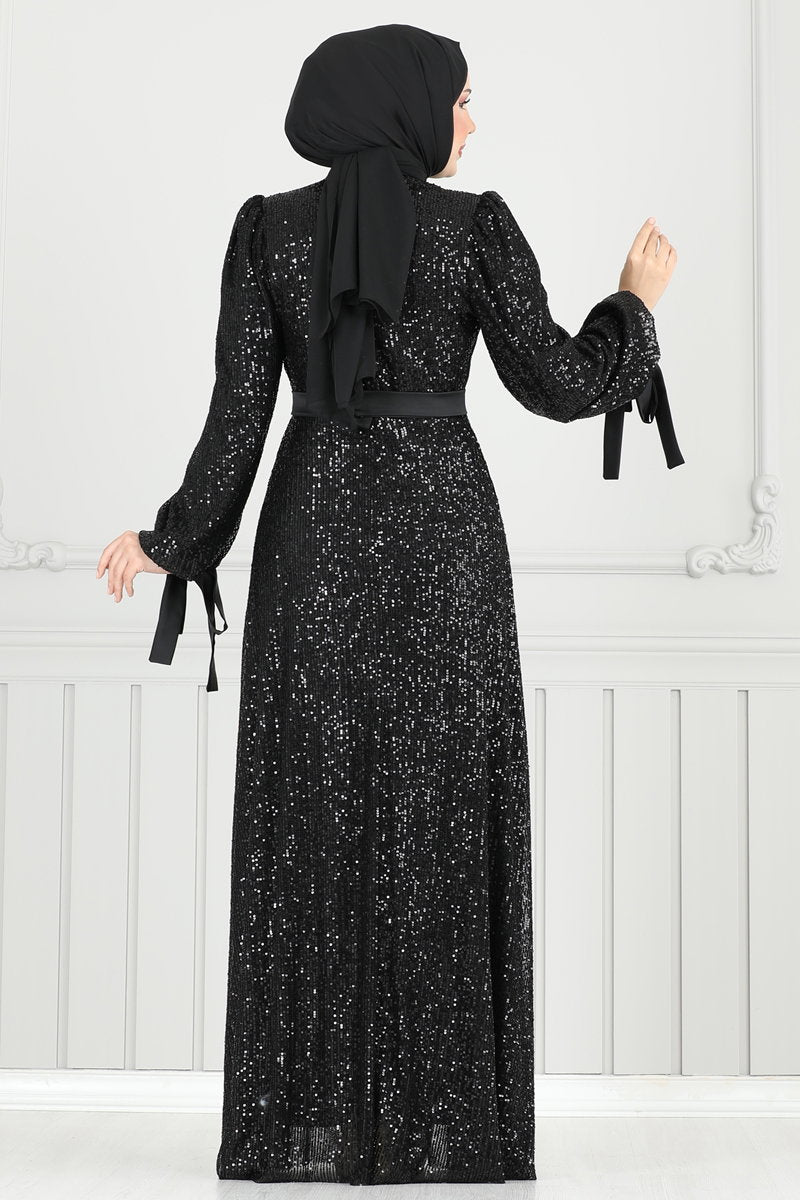 Modest Sequin Evening Dress with Draped Bodice - Black