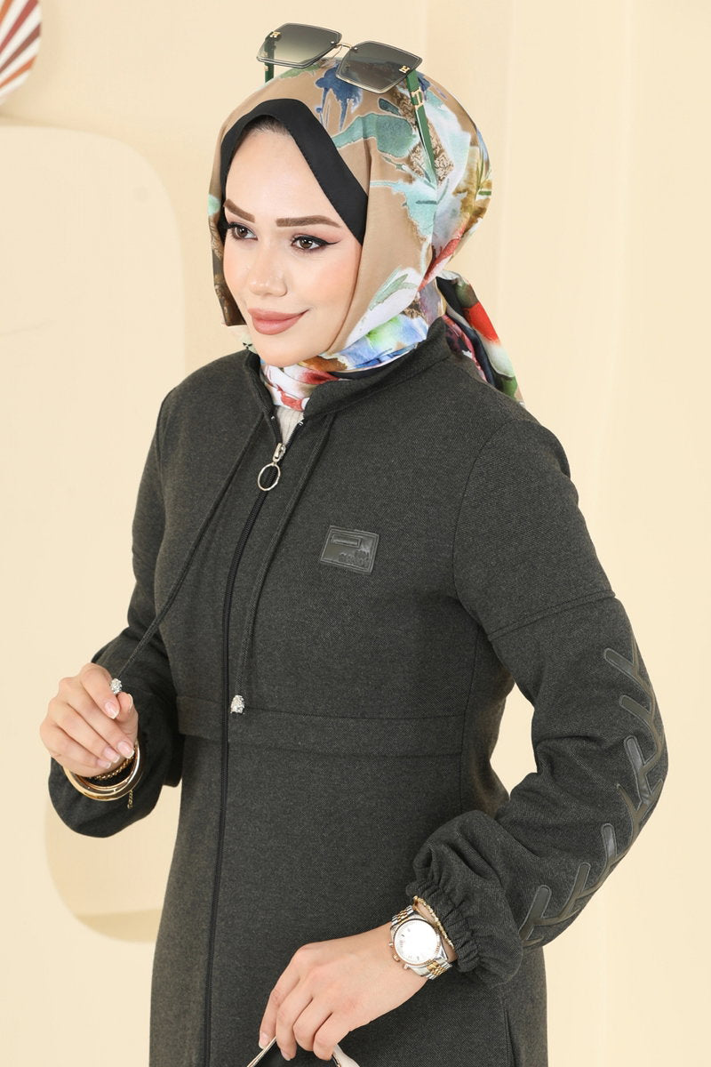 Tweed Abaya Coat with Chest Emblem - Khaki