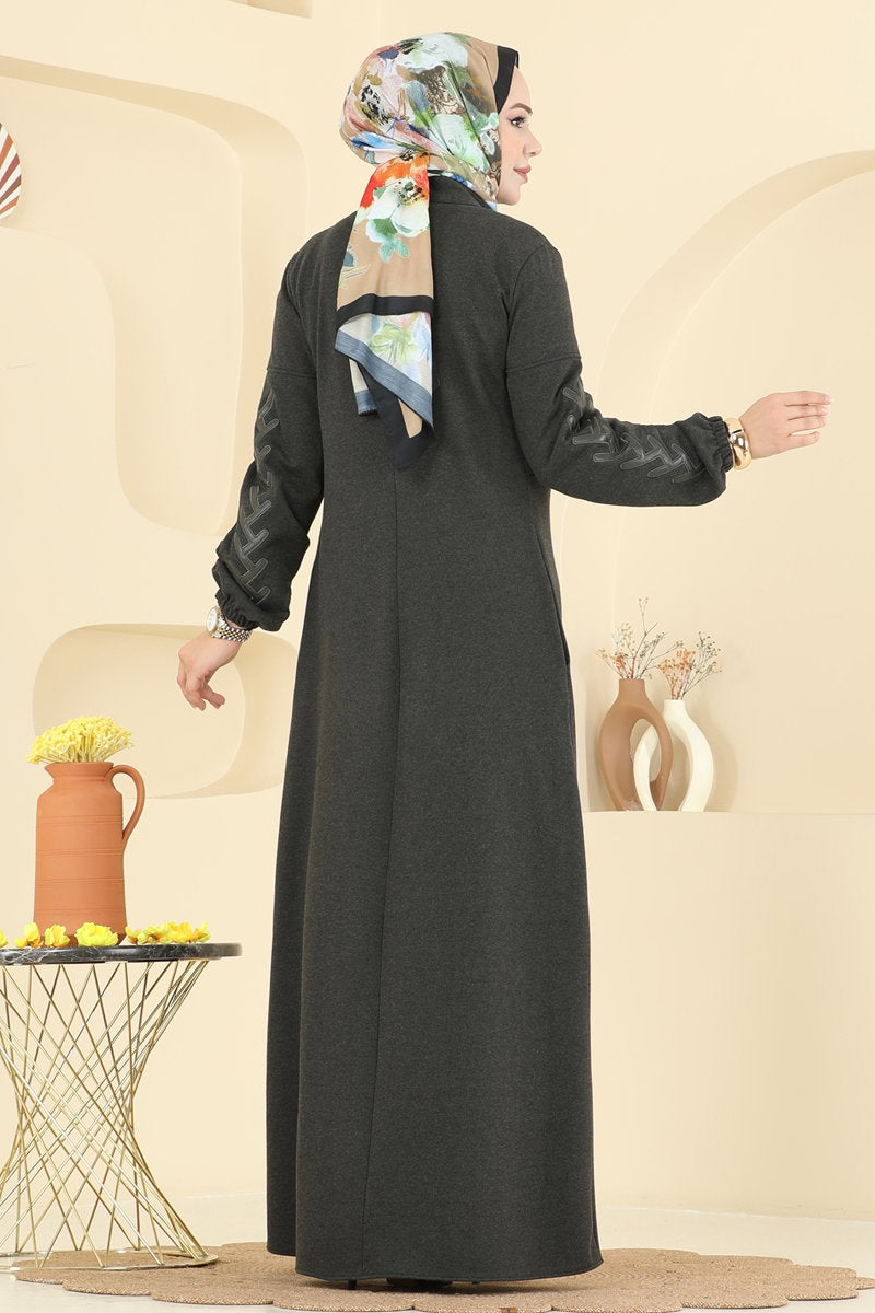 Tweed Abaya Coat with Chest Emblem - Khaki