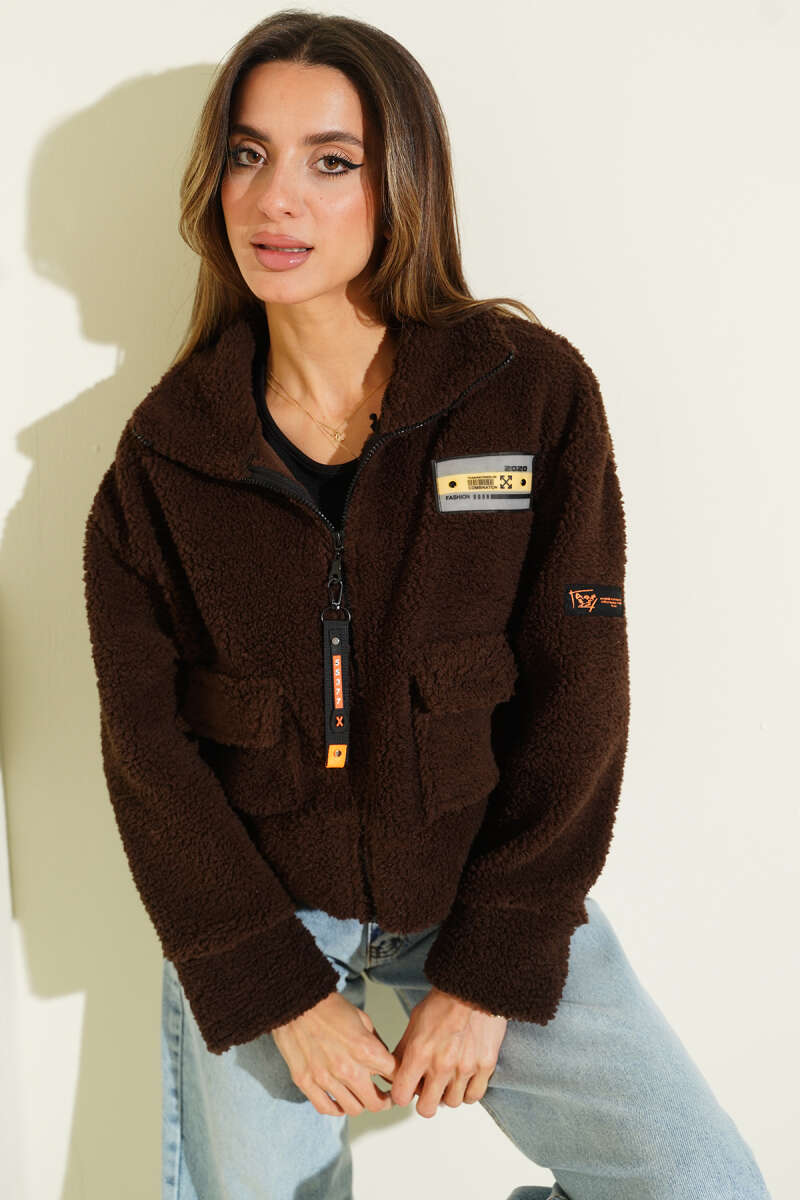 Short Plush Jacket with Chest Badge - Brown