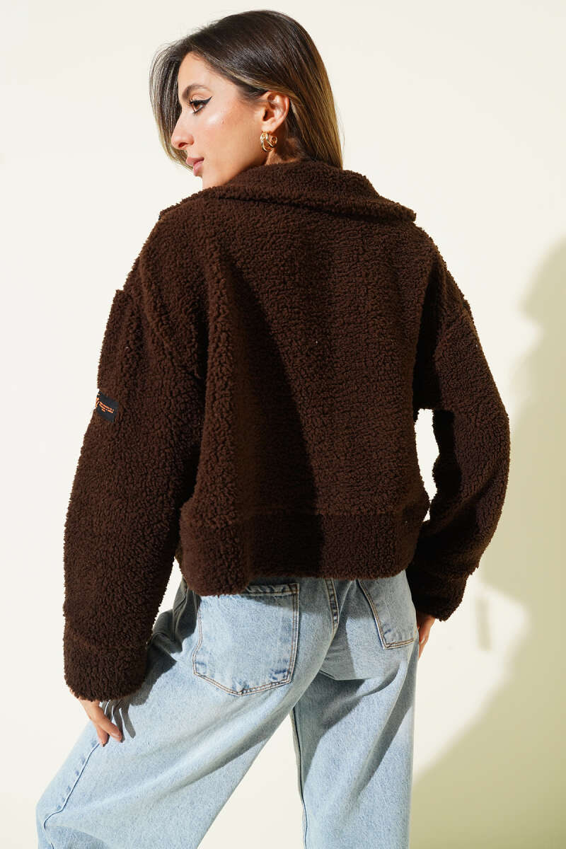 Short Plush Jacket with Chest Badge - Brown