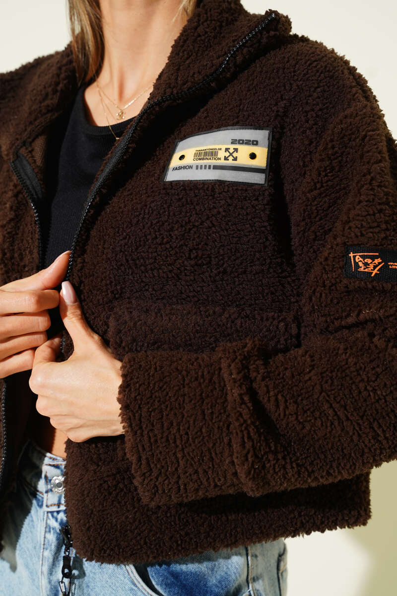 Short Plush Jacket with Chest Badge - Brown