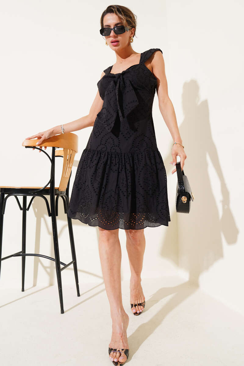 Broderie Dress with Bust Tie - Black