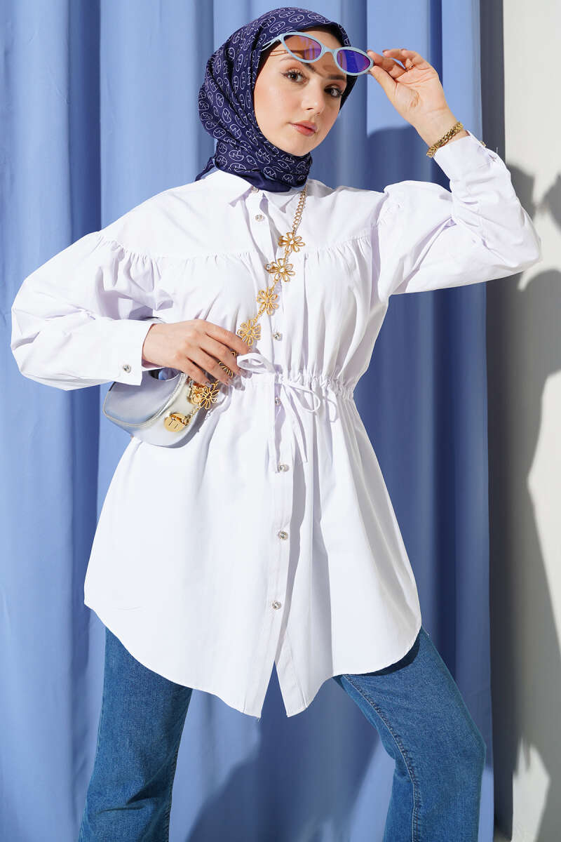 Shirt with Ruched Bust and Drawstring Waist - White