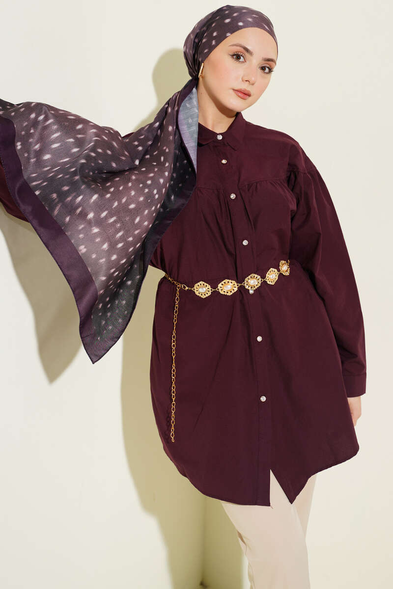Shirt with Ruched Bust and Drawstring Waist - Burgundy