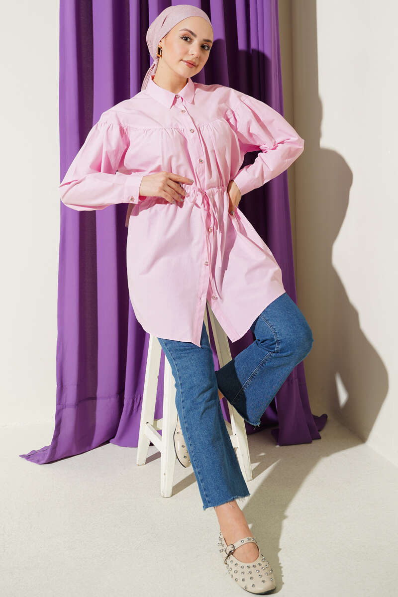 Shirt with Ruched Bust and Drawstring Waist - Candy Pink