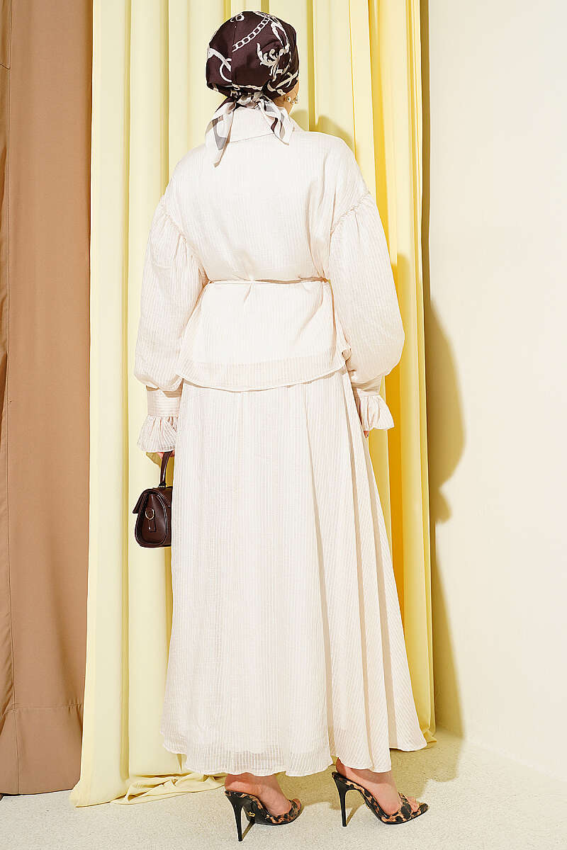 Skirt Set with Ruched Bust and Ruffle Cuffs - Beige