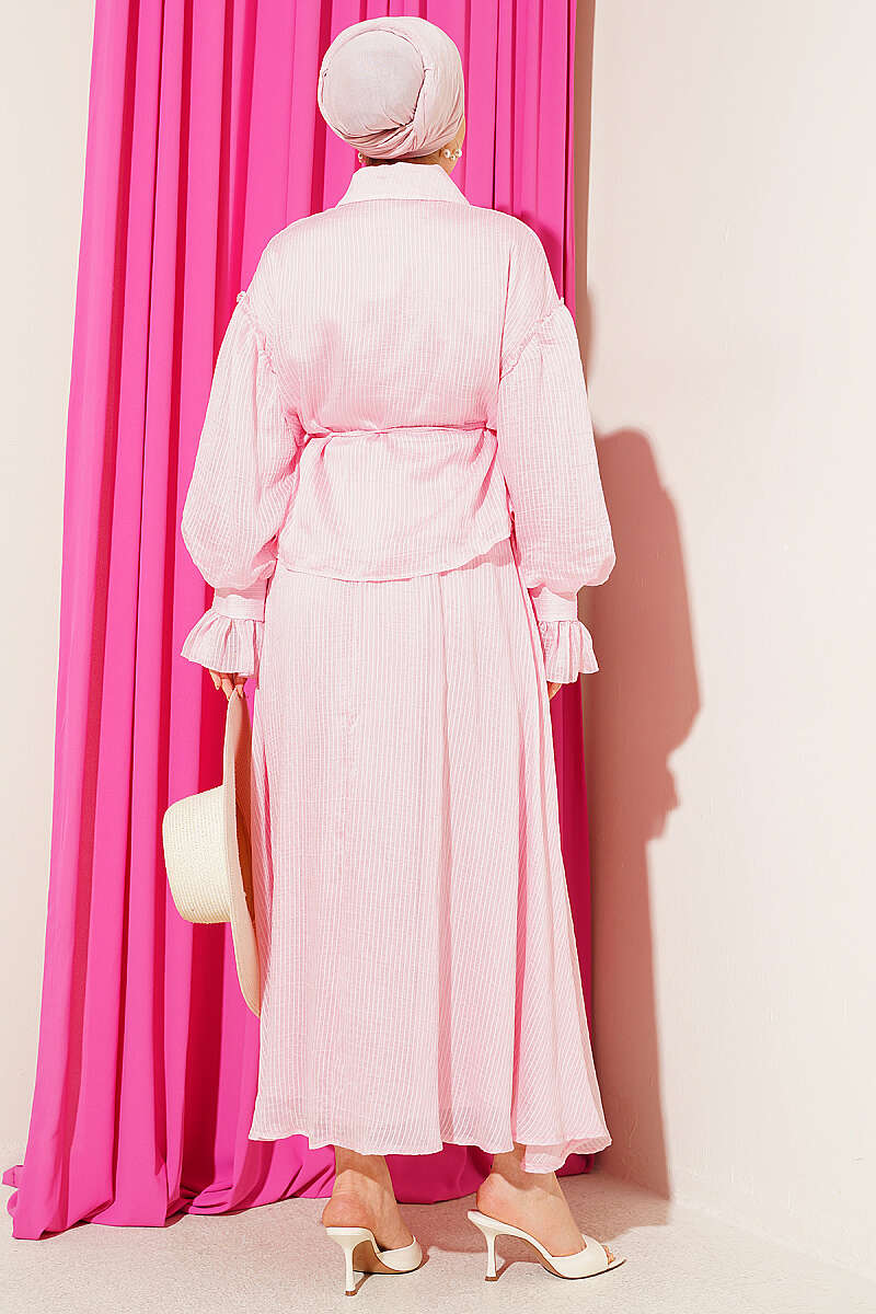Skirt Set with Ruched Bust and Ruffle Cuffs - Pink
