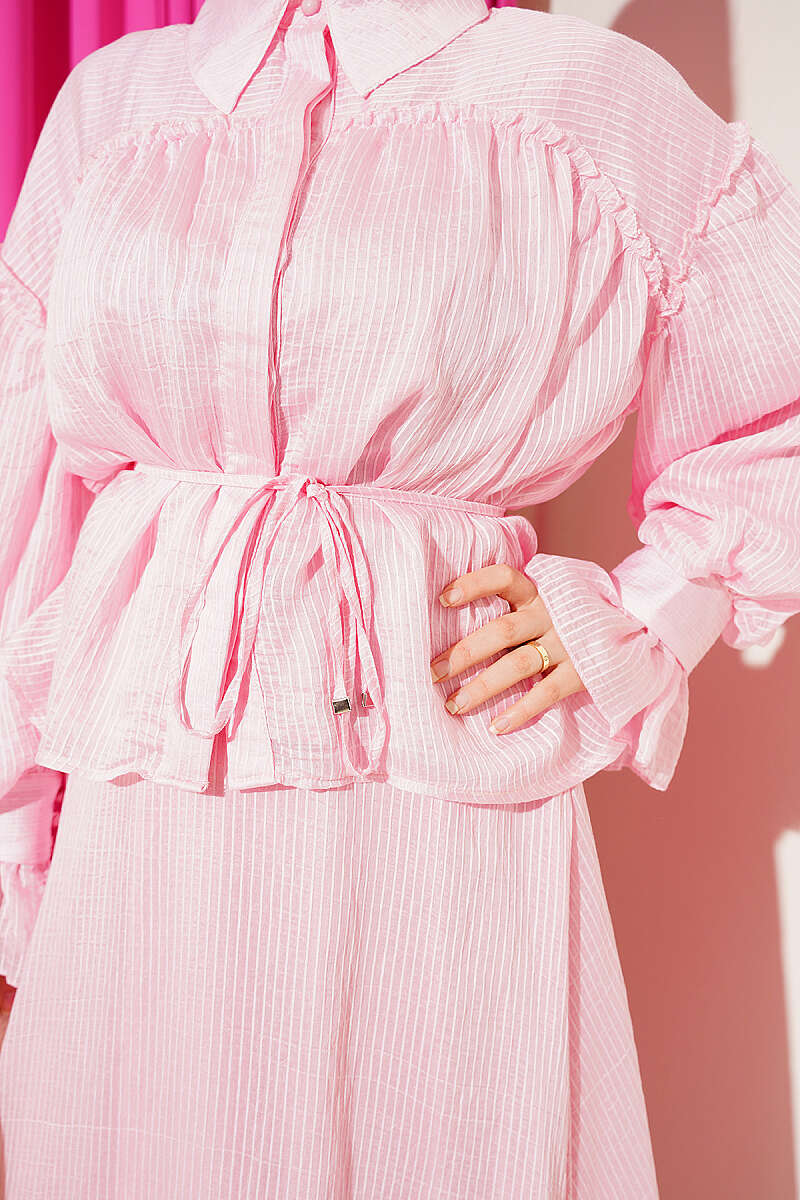 Skirt Set with Ruched Bust and Ruffle Cuffs - Pink