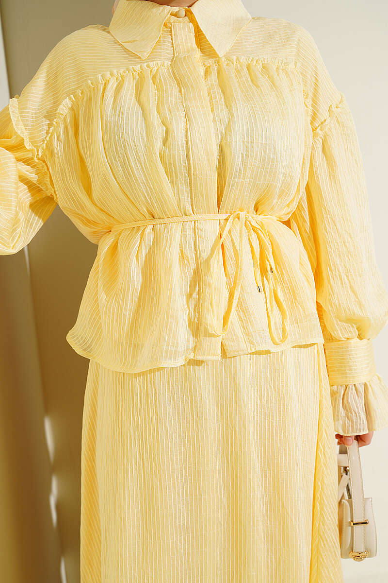Skirt Set with Ruched Bust and Ruffle Cuffs - Yellow